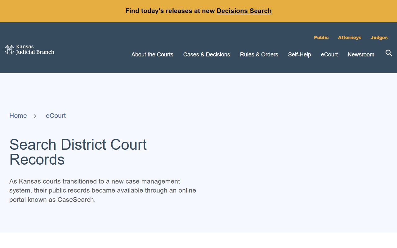 Kansas Judicial Branch district court records access page for public case searches