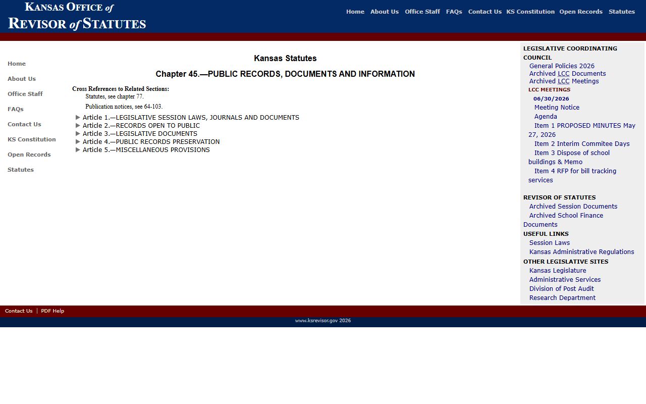 Kansas Open Records Act statute index for public record access