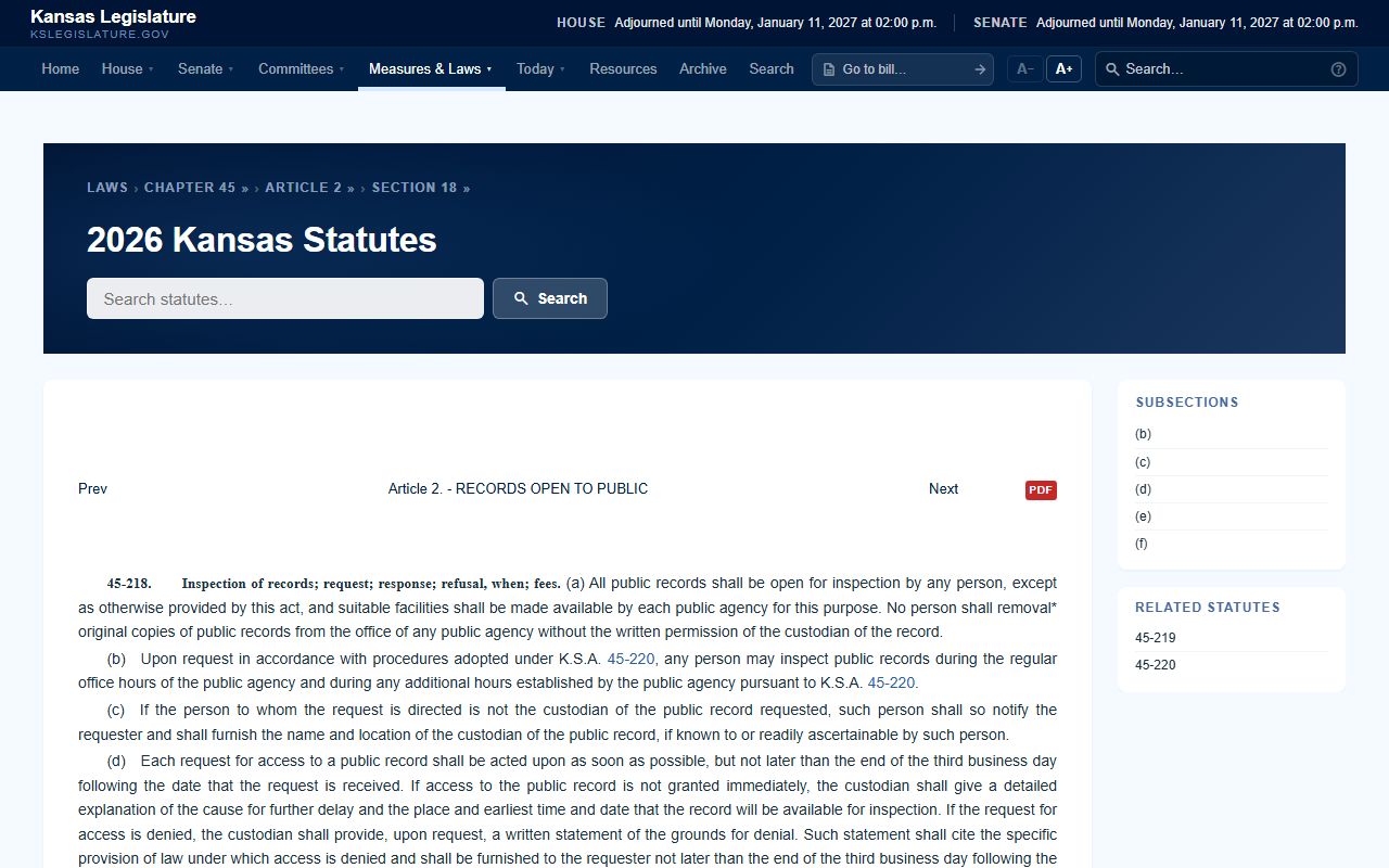K.S.A. 45-218 public records inspection statute page