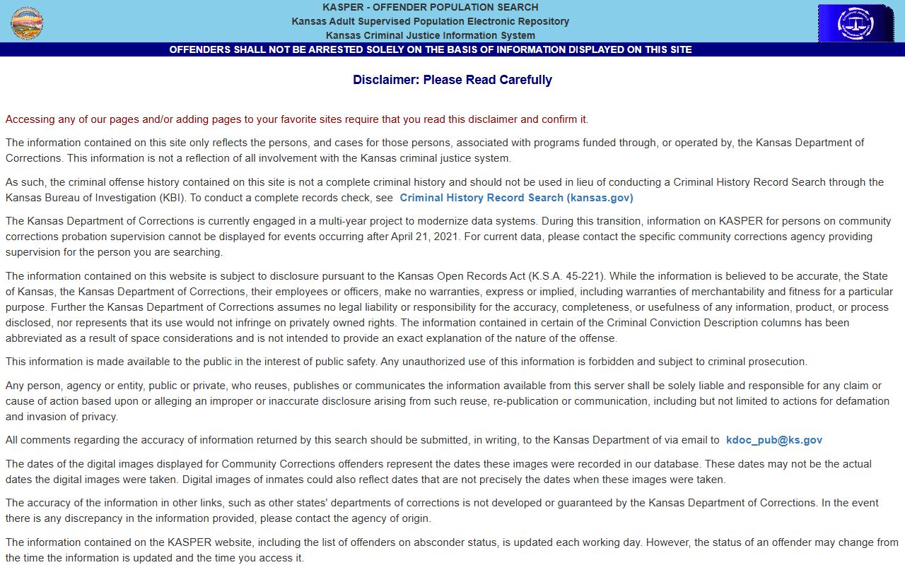 Comanche County criminal court records and KASPER offender search disclaimer