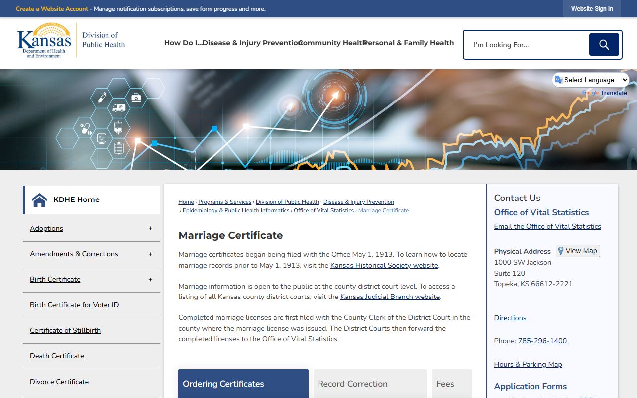 Kansas KDHE marriage certificate ordering page