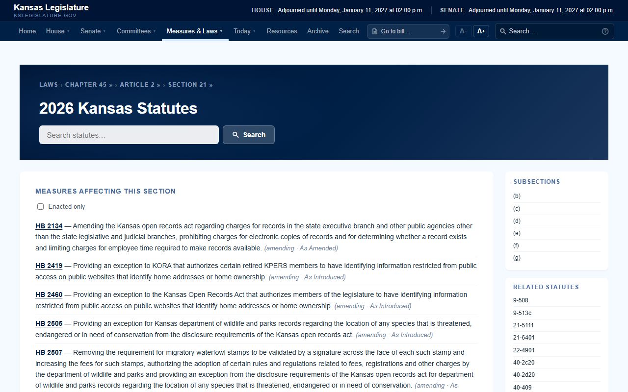 Kansas statute page for K.S.A. 45-221 public record exemptions