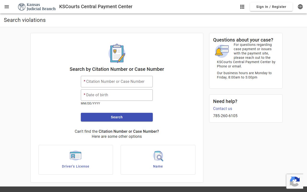 KSCourts Central Payment Center search interface for Kansas traffic citations