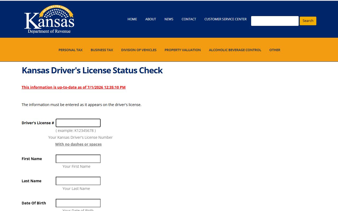 Kansas Department of Revenue driver license status check page