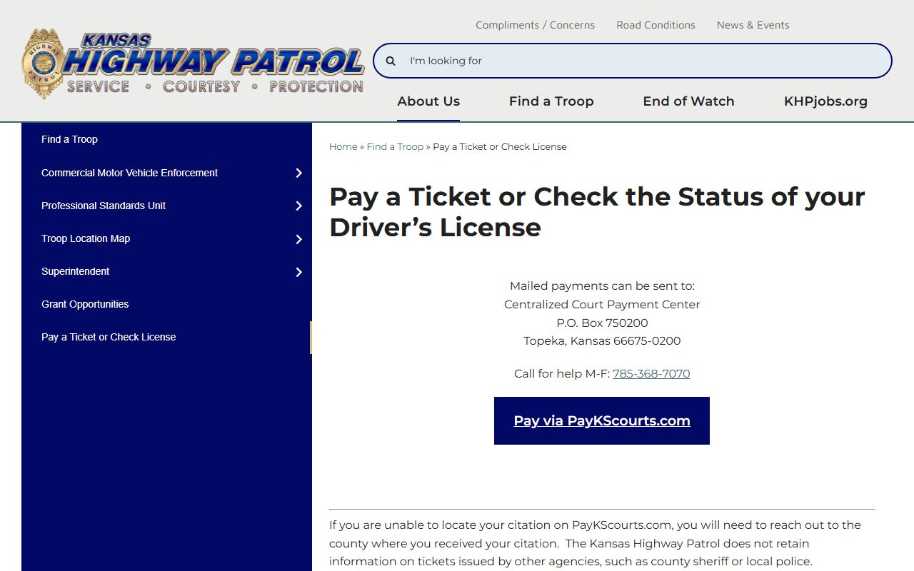 Kansas Highway Patrol page for paying tickets and checking license status