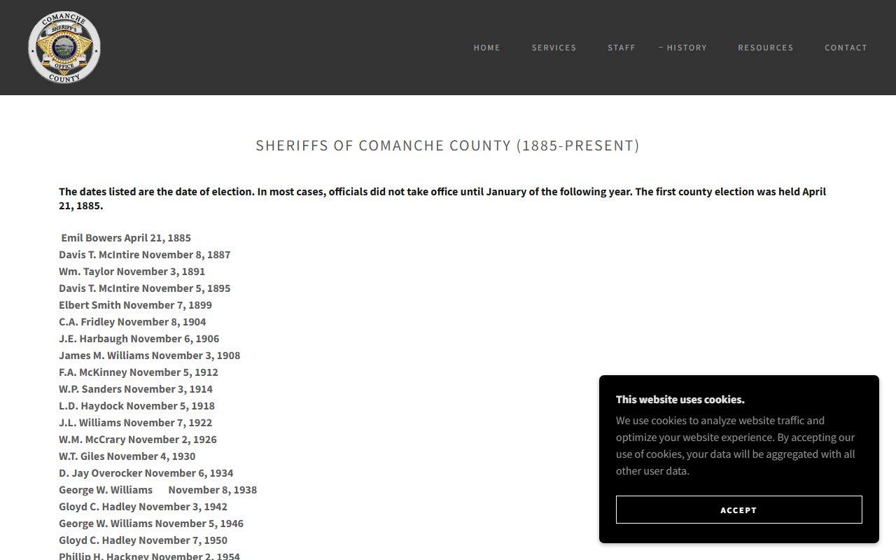 Comanche County warrant records sheriff history page for local law enforcement context